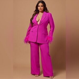 Elegant Pink Feather-Trimmed Women's Suit